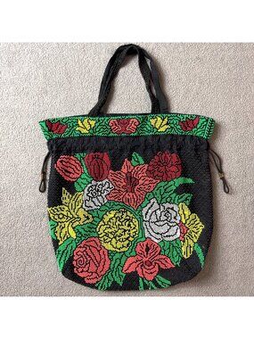 Vintage Black Beaded Floral Drawstring Shoulder Bag Purse Handmade Evening Boho